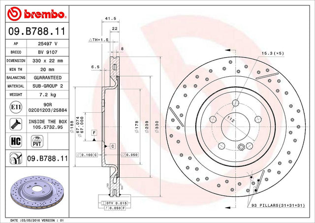 Product of Brembo 09B78811C02 Vented Cross Drilled 1 Piece Brake Rotor 