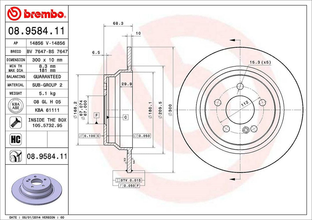 Product of Brembo 08958411C02 Solid 1 Piece Brake Rotor 