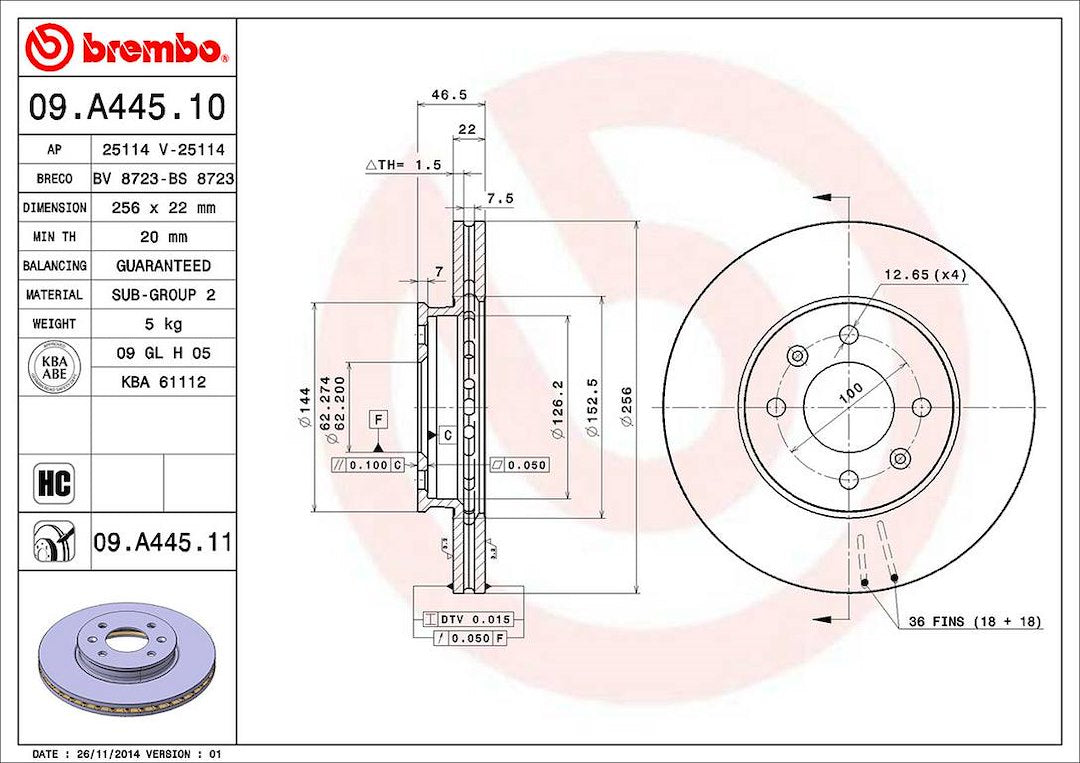 Product of Brembo 09A44511C02 Vented 1 Piece Brake Rotor 