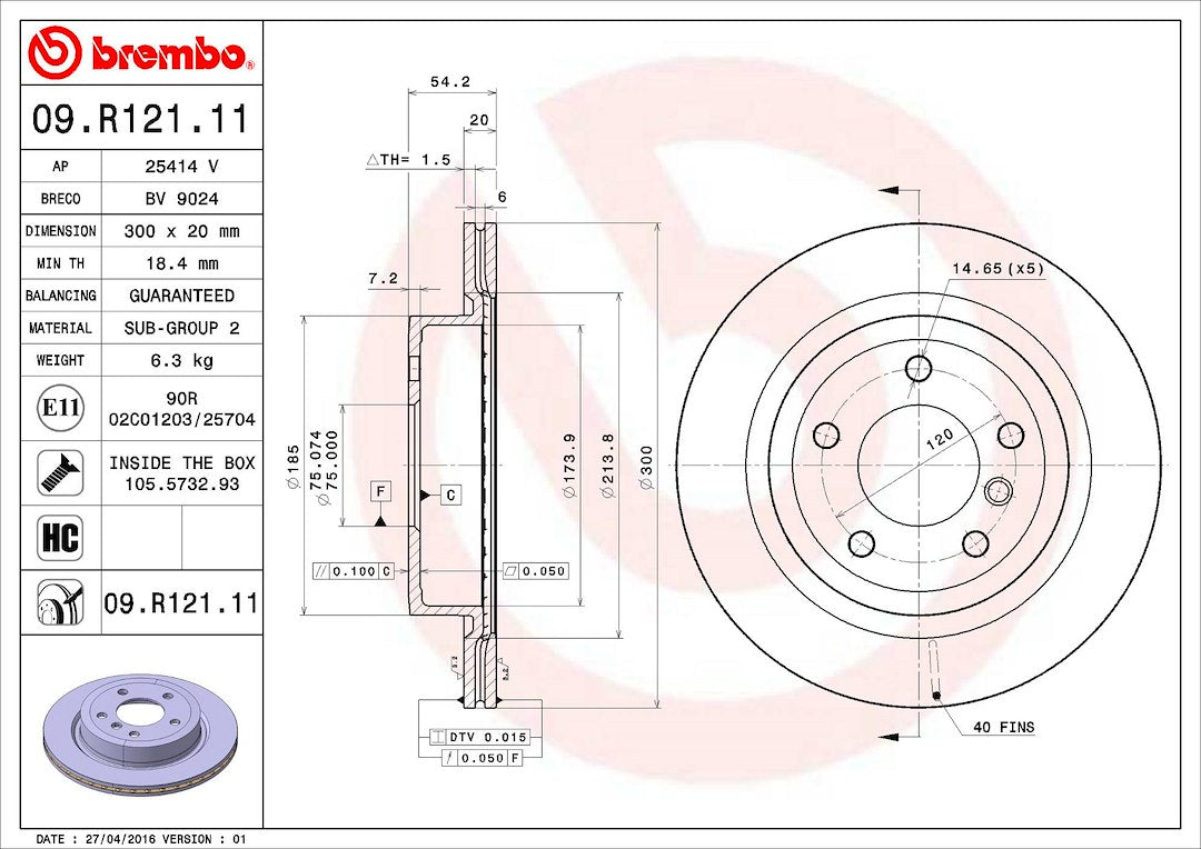 Product of Brembo 09R12111C02 Vented 1 Piece Brake Rotor 