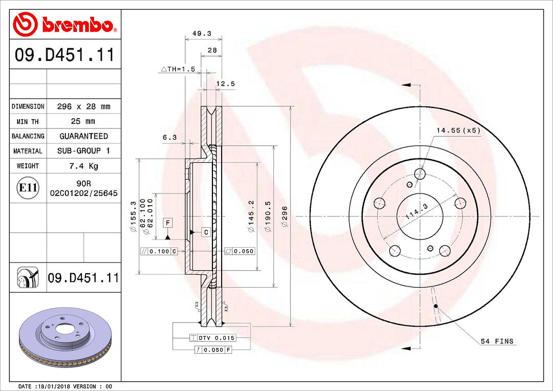 Product of Brembo 09D45111C02 Vented 1 Piece Brake Rotor 