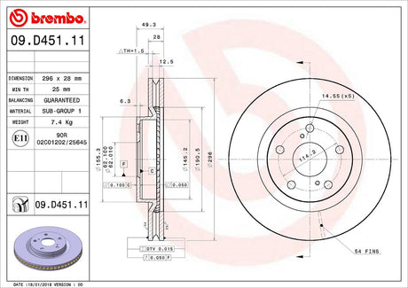 Product of Brembo 09D45111C02 Vented 1 Piece Brake Rotor 