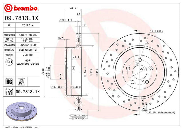 Product of Brembo 0978131XC02 Xtra Vented Cross Drilled 1 Piece Brake Rotor 