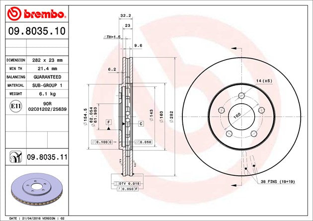 Product of Brembo 09803511C02 Vented 1 Piece Brake Rotor 