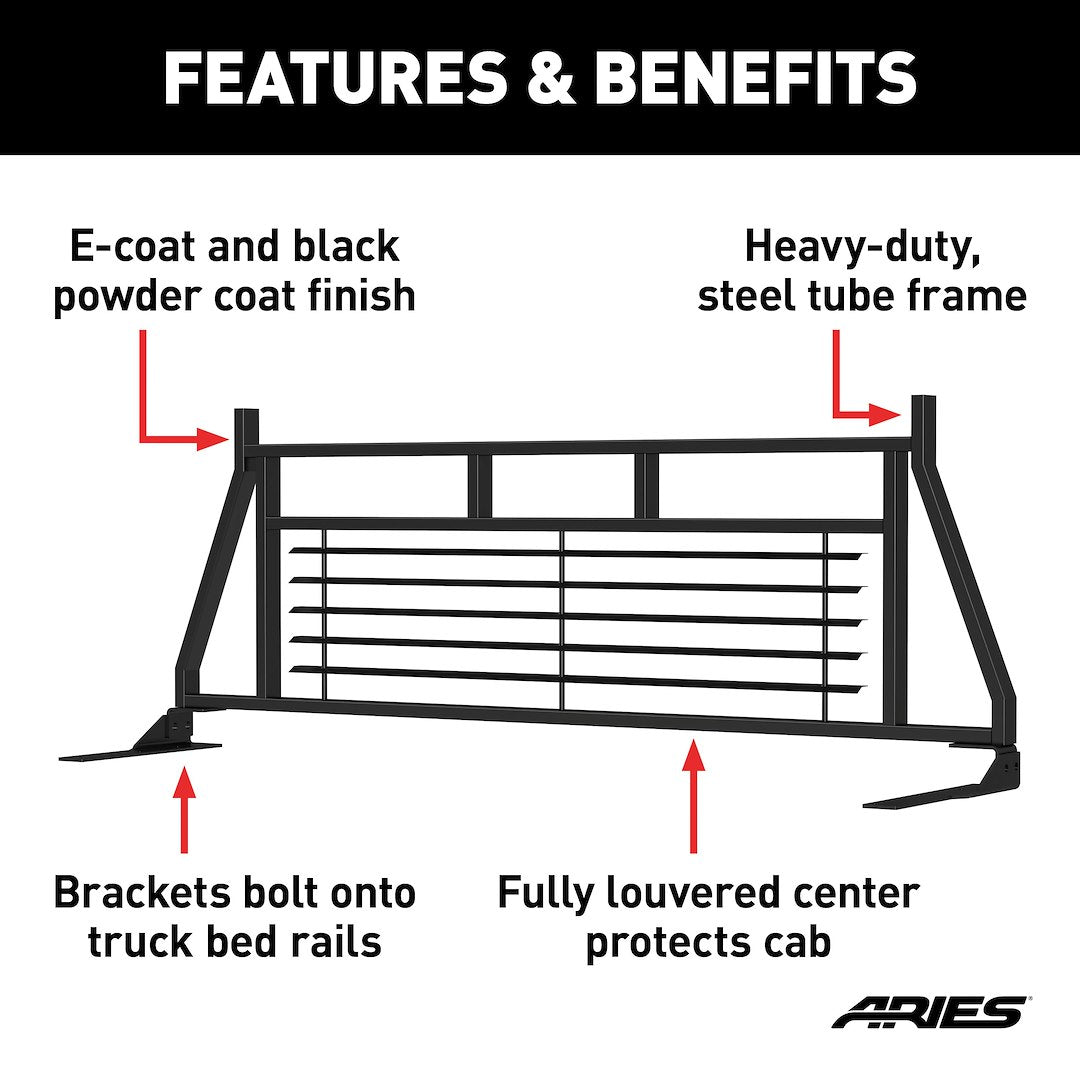 Product of Aries 111002 Bolt-On Black Semi Gloss Powder Coated Louvered Headache Rack 