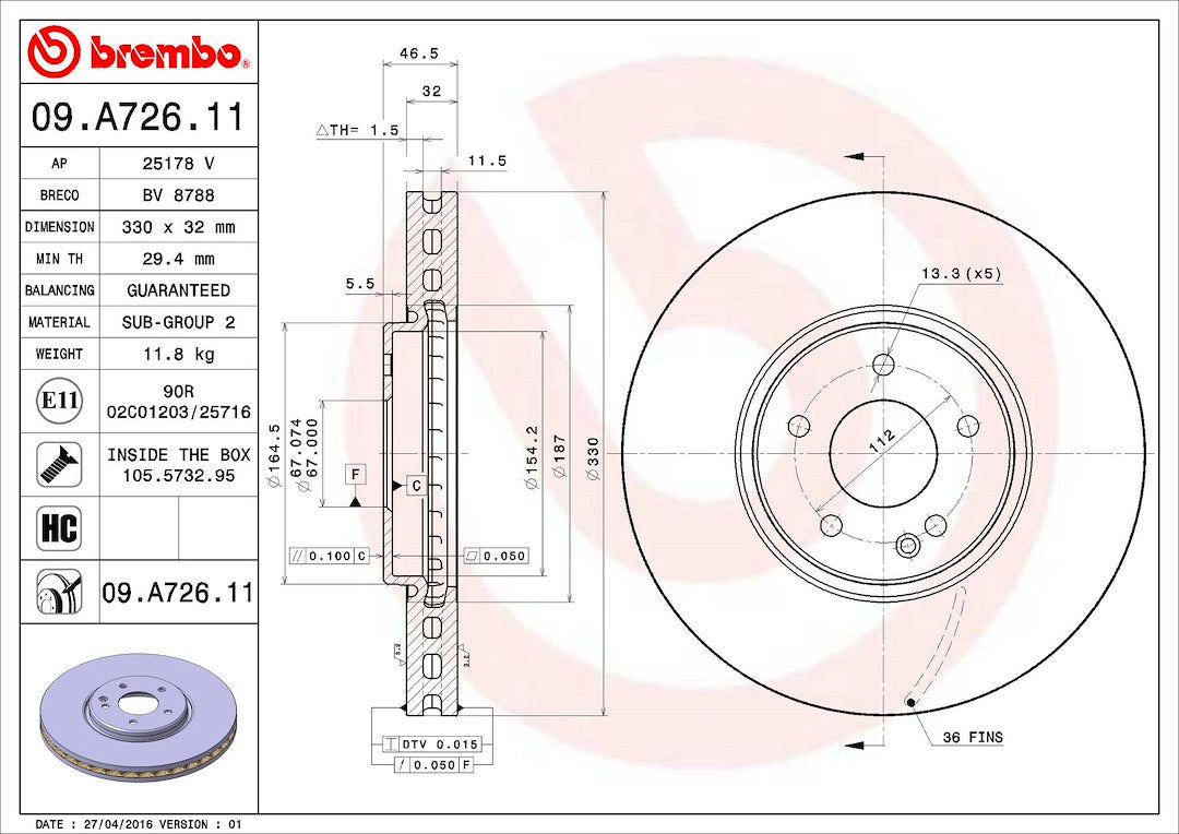 Product of Brembo 09A72611C02 Vented 1 Piece Brake Rotor 