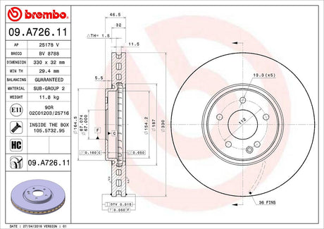Product of Brembo 09A72611C02 Vented 1 Piece Brake Rotor 