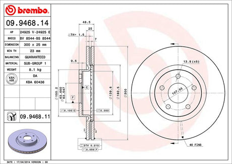 Product of Brembo 09946811C02 Vented 1 Piece Brake Rotor 