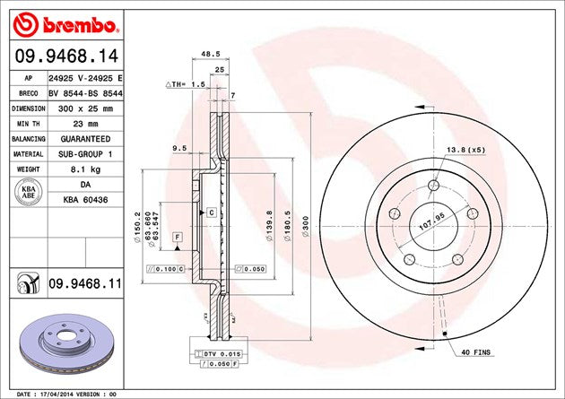 Product of Brembo 09946811C02 Vented 1 Piece Brake Rotor 