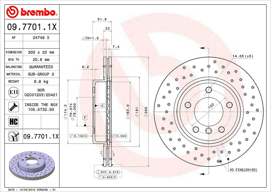 Product of Brembo 0977011XC02 Xtra Vented Cross Drilled 1 Piece Brake Rotor 