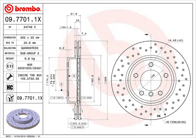 Product of Brembo 0977011XC02 Xtra Vented Cross Drilled 1 Piece Brake Rotor 