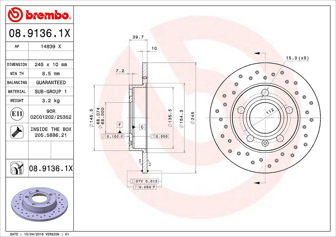 Product of Brembo 0891361XC02 Xtra Solid Cross Drilled 1 Piece Brake Rotor 