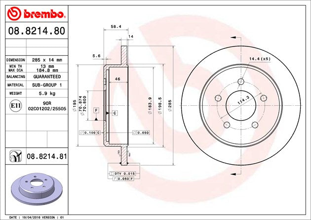 Product of Brembo 08821481C02 Solid 1 Piece Brake Rotor 