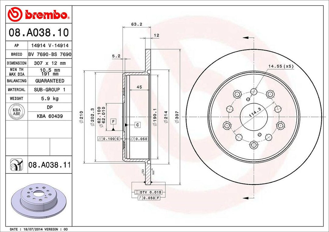 Product of Brembo 08A03811C02 Solid 1 Piece Brake Rotor 