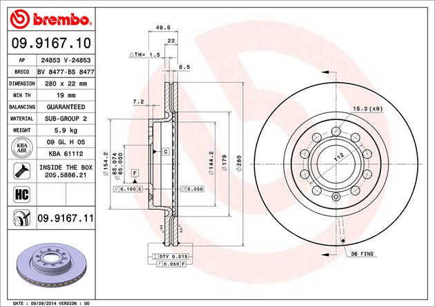 Product of Brembo 09916711C02 Vented 1 Piece Brake Rotor 