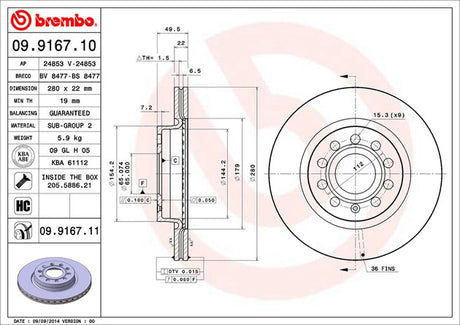 Product of Brembo 09916711C02 Vented 1 Piece Brake Rotor 