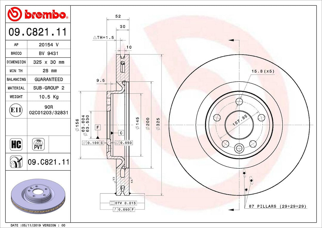 Product of Brembo 09C82111C02 Vented 1 Piece Brake Rotor 
