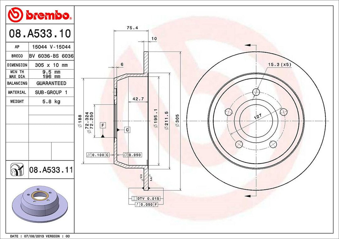 Product of Brembo 08A53311C02 Solid 1 Piece Brake Rotor 