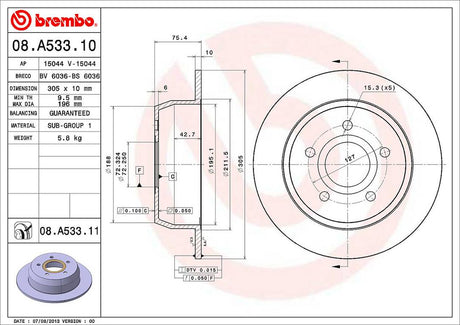 Product of Brembo 08A53311C02 Solid 1 Piece Brake Rotor 