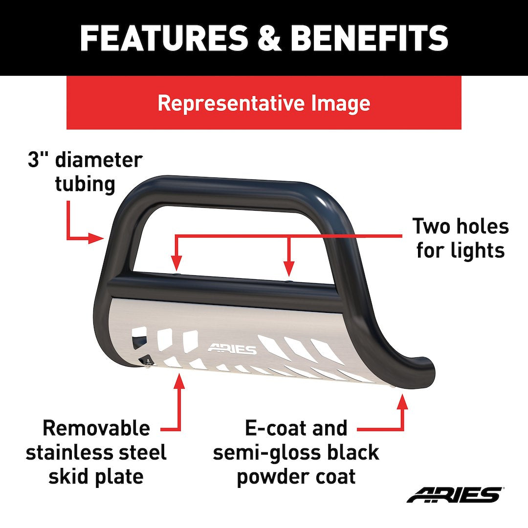 Product of Aries B35-2002 Bull Bar Black Semi-Gloss Powder Coated 3 Inch Yes with skid plate 