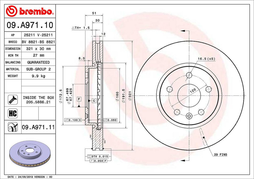 Product of Brembo 09A97111C02 Vented 1 Piece Brake Rotor 