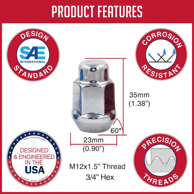 Product of Coyote Wheel Accessories 87KX45 60 Degree Conical Bulge 12x1.5 Lug Nut 