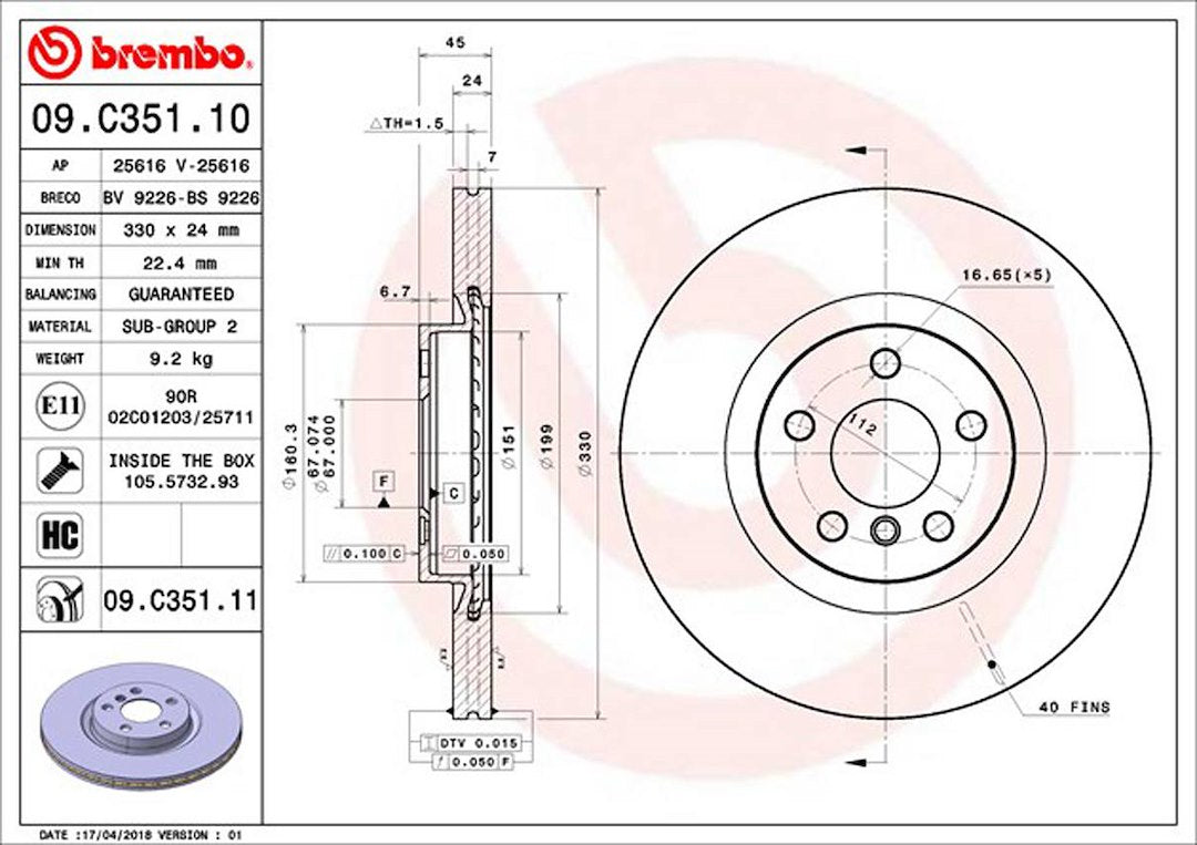 Product of Brembo 09C35111C02 Vented 1 Piece Brake Rotor 