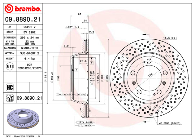 Product of Brembo 09889021C02 Vented Cross Drilled 1 Piece Brake Rotor 