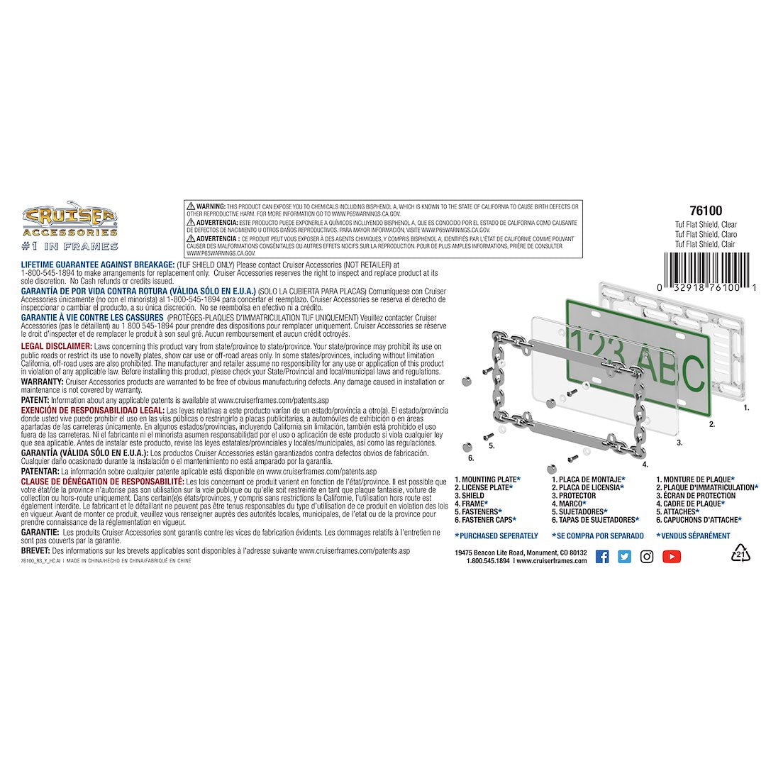 Cruiser 76100 License Plate Cover||76100_P02-Tuf-Flat-Shield_Clear-Backpack.Jpg||87||c3476100||1017119