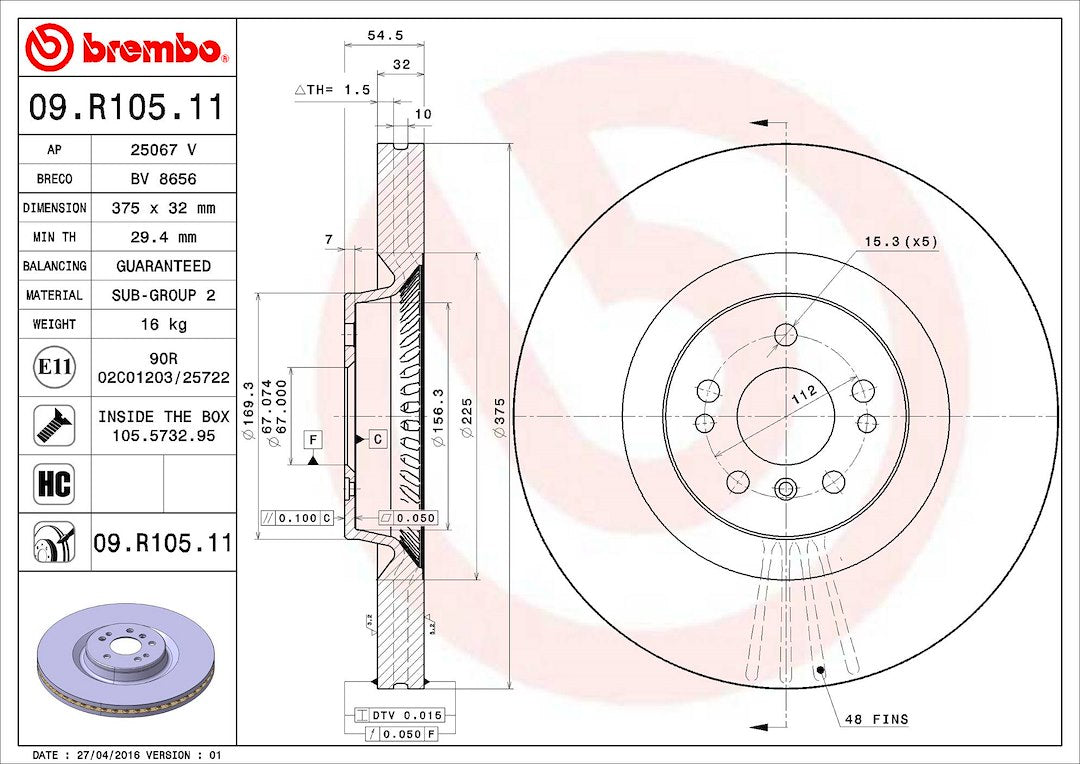 Product of Brembo 09R10511C02 Vented 1 Piece Brake Rotor 