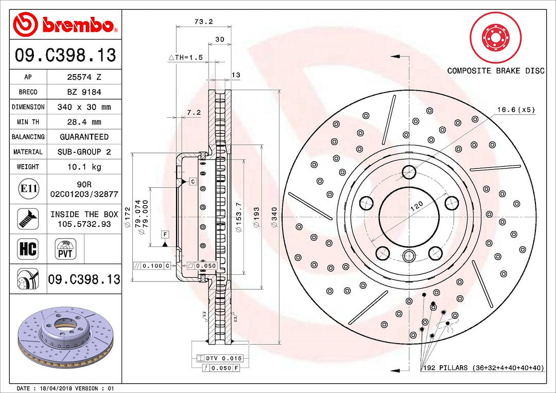 Product of Brembo 09C39813C02 Vented Cross Drilled 1 Piece Brake Rotor 