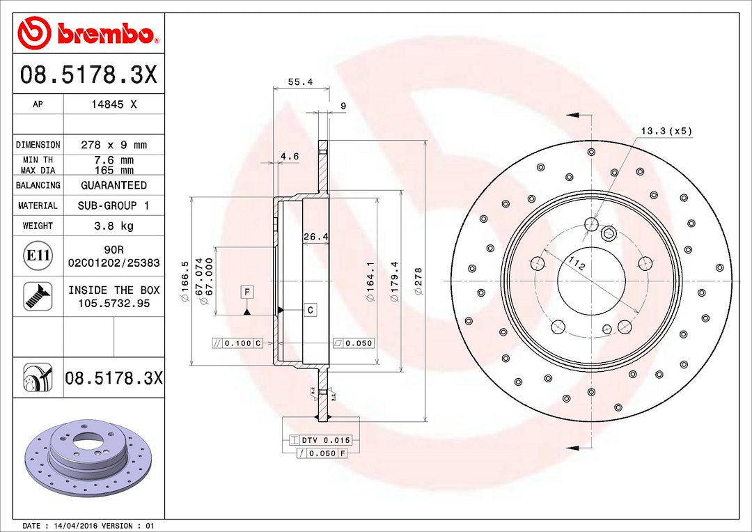 Product of Brembo 0851783XC02 Xtra Solid Cross Drilled 1 Piece Brake Rotor 