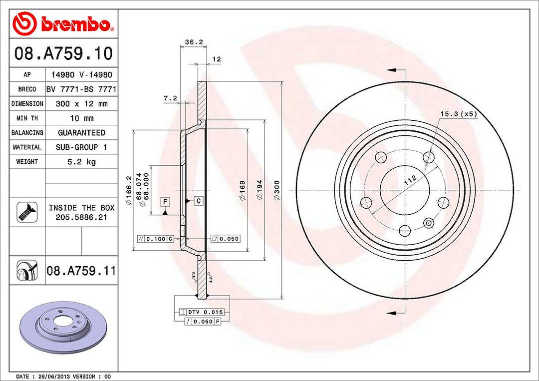 Product of Brembo 08A75911C02 Solid 1 Piece Brake Rotor 