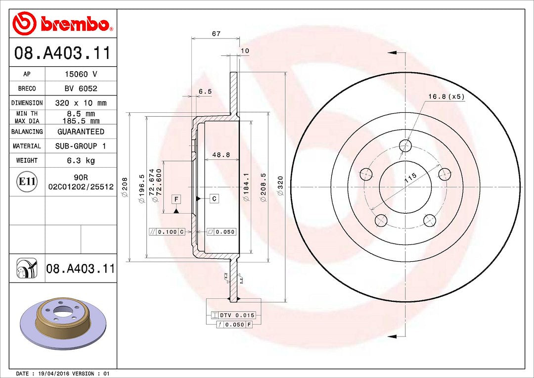 Product of Brembo 08A40311C02 Solid 1 Piece Brake Rotor 