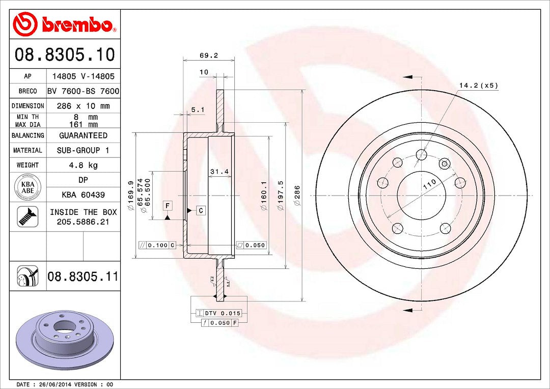 Product of Brembo 08830511C02 Solid 1 Piece Brake Rotor 