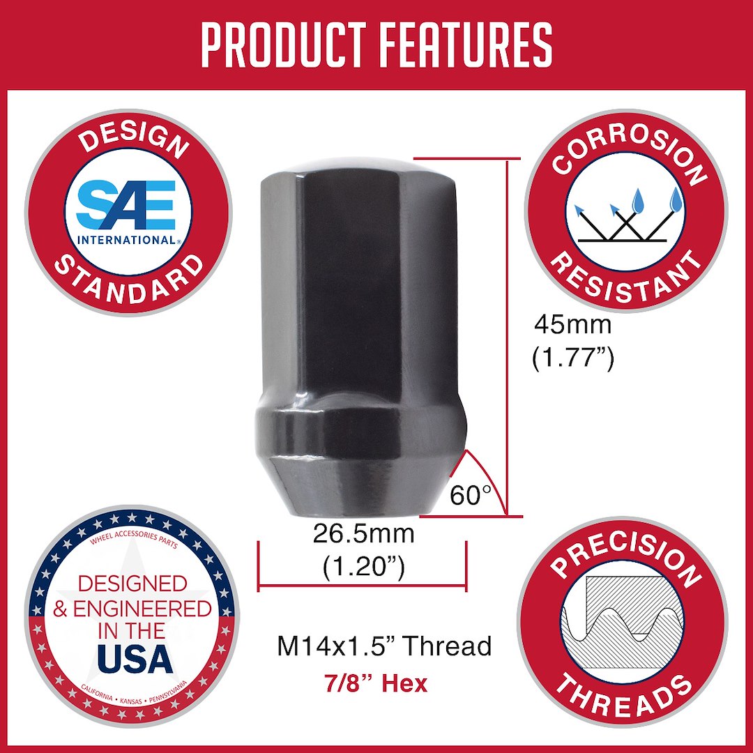 Product of Coyote Wheel Accessories 53K648LBLK 60 Degree Conical 14x1.5 Lug Nut 