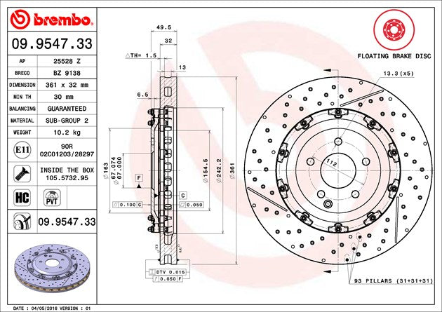 Product of Brembo 09954733C02 Vented Cross Drilled 1 Piece Brake Rotor 