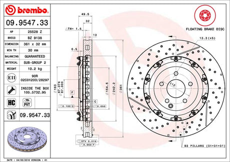 Product of Brembo 09954733C02 Vented Cross Drilled 1 Piece Brake Rotor 