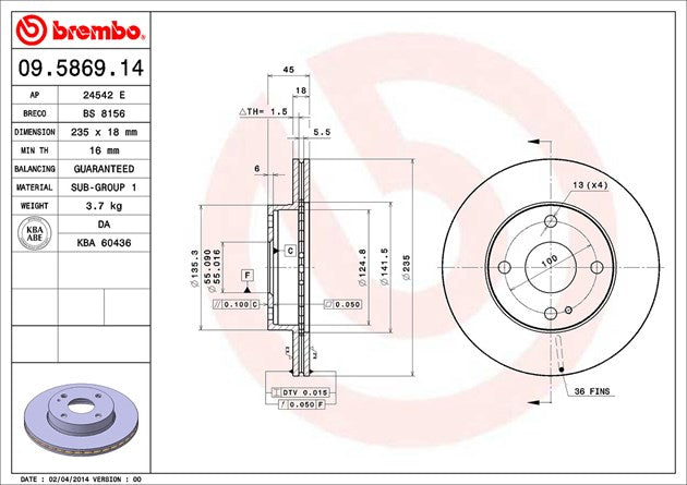 Product of Brembo 09586914C02 Vented 1 Piece Brake Rotor 