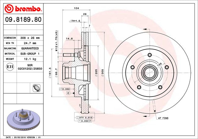 Product of Brembo 09818980C02 Vented 1 Piece Brake Rotor 