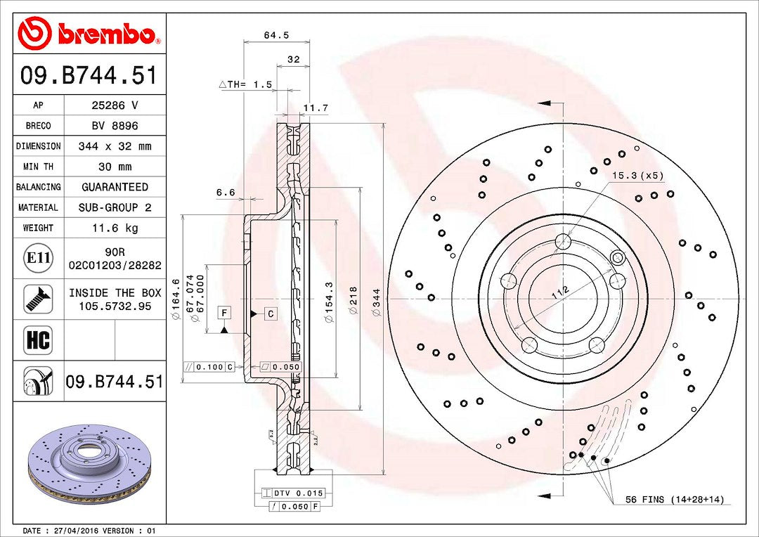 Product of Brembo 09B74451C02 Vented Cross Drilled 1 Piece Brake Rotor 
