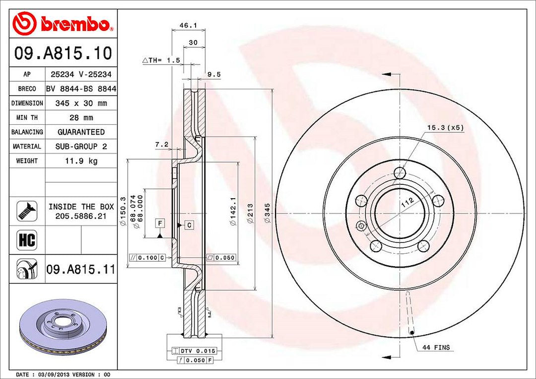 Product of Brembo 09A81511C02 Vented 1 Piece Brake Rotor 