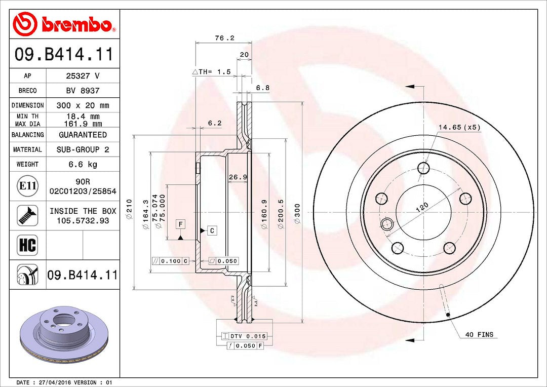 Product of Brembo 09B41411C02 Vented 1 Piece Brake Rotor 