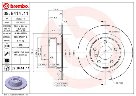 Product of Brembo 09B41411C02 Vented 1 Piece Brake Rotor 