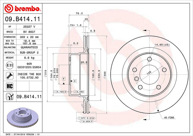 Product of Brembo 09B41411C02 Vented 1 Piece Brake Rotor 