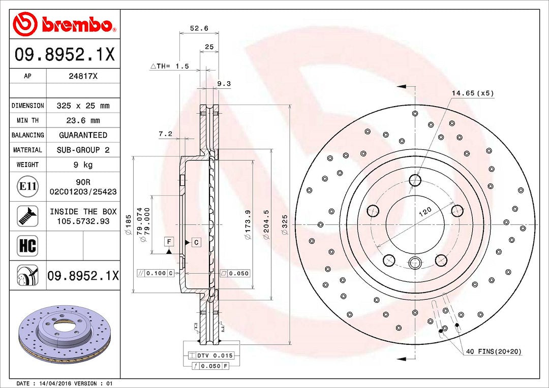 Product of Brembo 0989521XC02 Xtra Vented Cross Drilled 1 Piece Brake Rotor 
