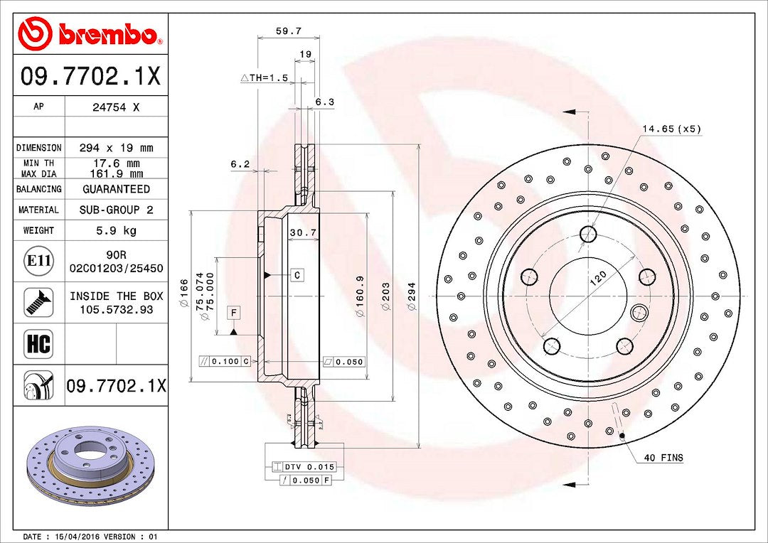 Product of Brembo 0977021XC02 Xtra Vented Cross Drilled 1 Piece Brake Rotor 