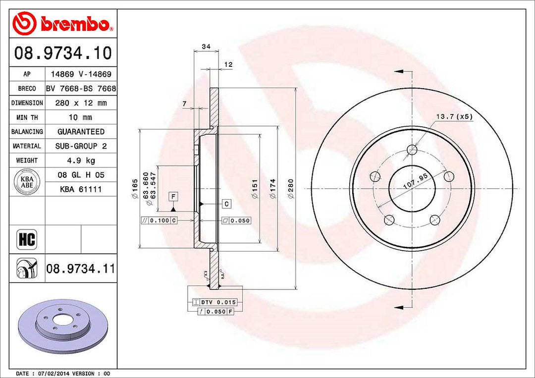 Product of Brembo 08973411C02 Solid 1 Piece Brake Rotor 