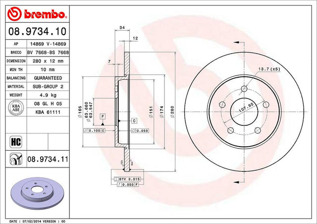 Product of Brembo 08973411C02 Solid 1 Piece Brake Rotor 