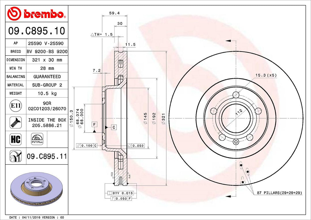 Product of Brembo 09C89511C02 Vented 1 Piece Brake Rotor 